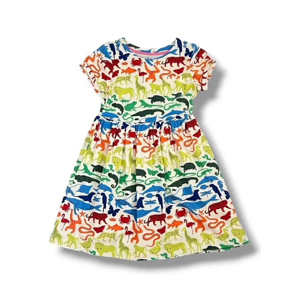 Mini Boden Rainbow Animals Short Sleeve Dress with Pockets Size 9-10Y